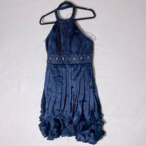 Kay Unger Navy Blue Ruffled Beaded Halter Top Cocktail Mini Dress 4